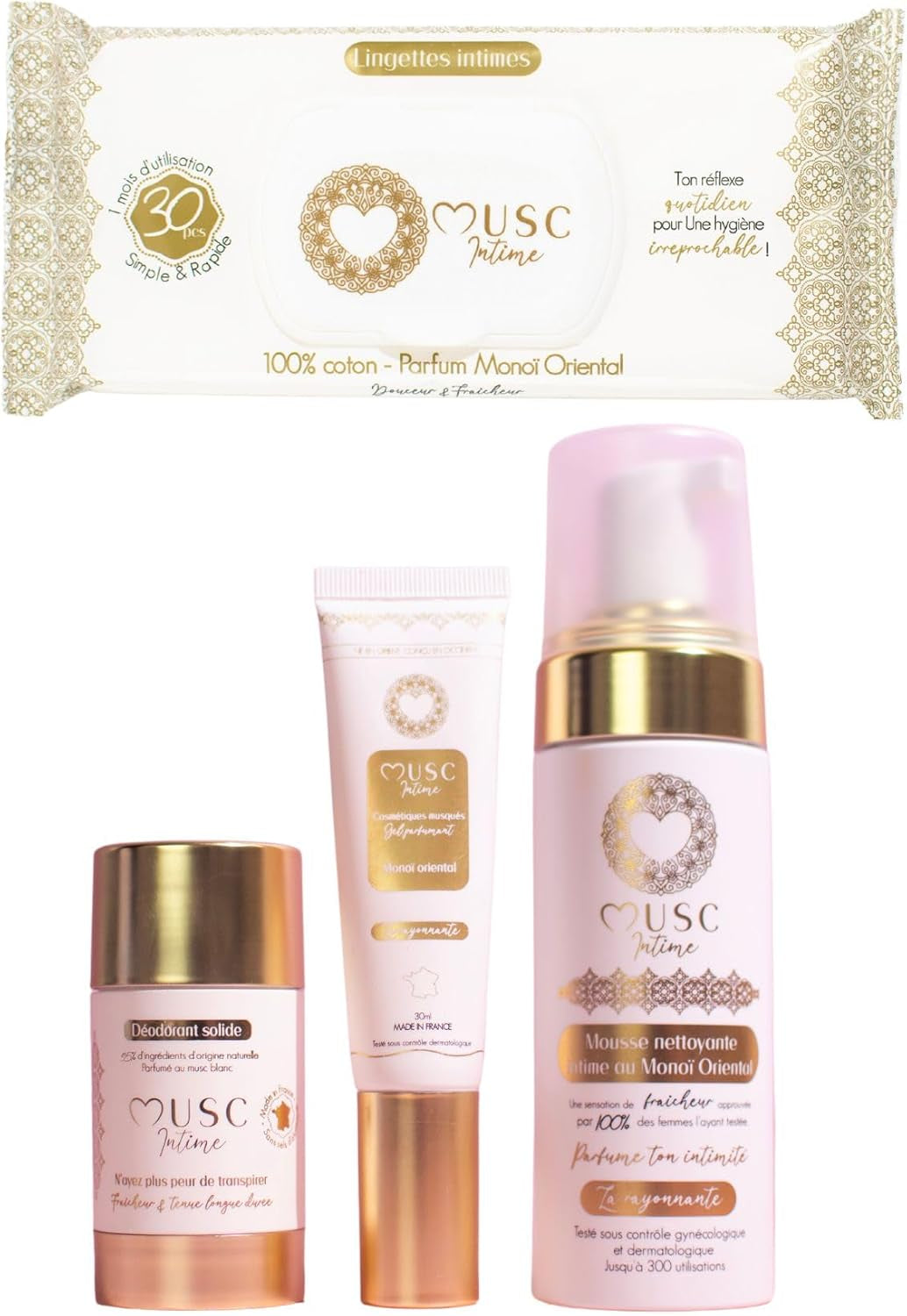 La Marque Officielle - L'Intime Rituel Musqué - Mousse Intime & Parfum Intime & Déodorants & Lingettes - Monoï Oriental - Rayonnante - 4 Étapes Fraîcheur - 150Ml & 30Ml & 50G & 30 Unités