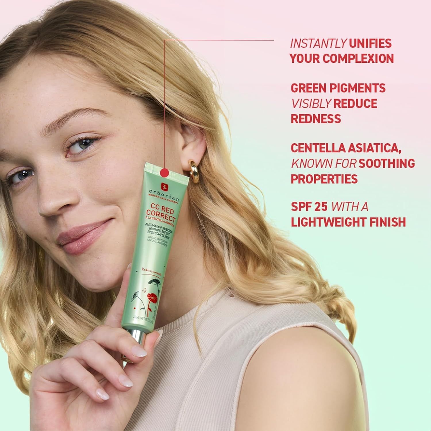 CC Red Color Correcting SPF 25 Green Pigment Cream, Neutralizes Redness, Calms Skin, Lightweight, Tone‑Perfecting Primer, Korean Skincare