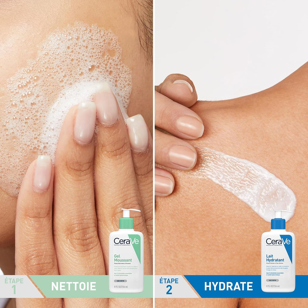 Cerave - Routine Hydratante - Gel Moussant 473 Ml + Lait Hydratant 88 Ml - Nettoie, Hydrate & Préserve La Barrière Cutanée - Soins Aux 3 Céramides Essentiels - Peau Mixte À Grasse