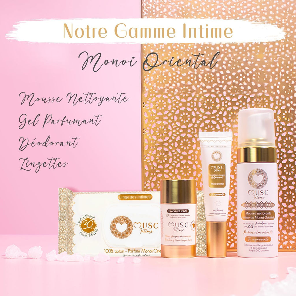 La Marque Officielle - L'Intime Rituel Musqué - Mousse Intime & Parfum Intime & Déodorants & Lingettes - Monoï Oriental - Rayonnante - 4 Étapes Fraîcheur - 150Ml & 30Ml & 50G & 30 Unités