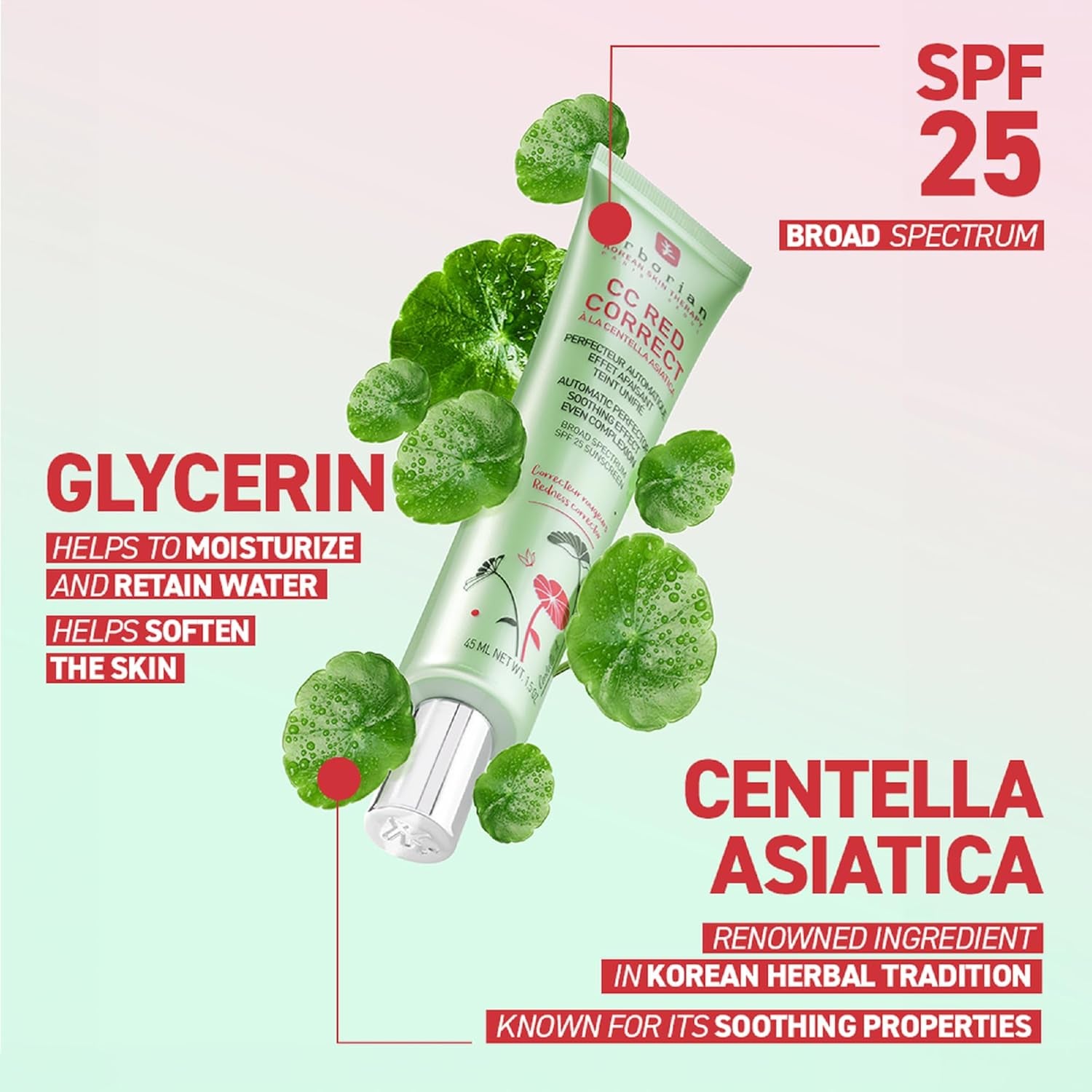 CC Red Color Correcting SPF 25 Green Pigment Cream, Neutralizes Redness, Calms Skin, Lightweight, Tone‑Perfecting Primer, Korean Skincare