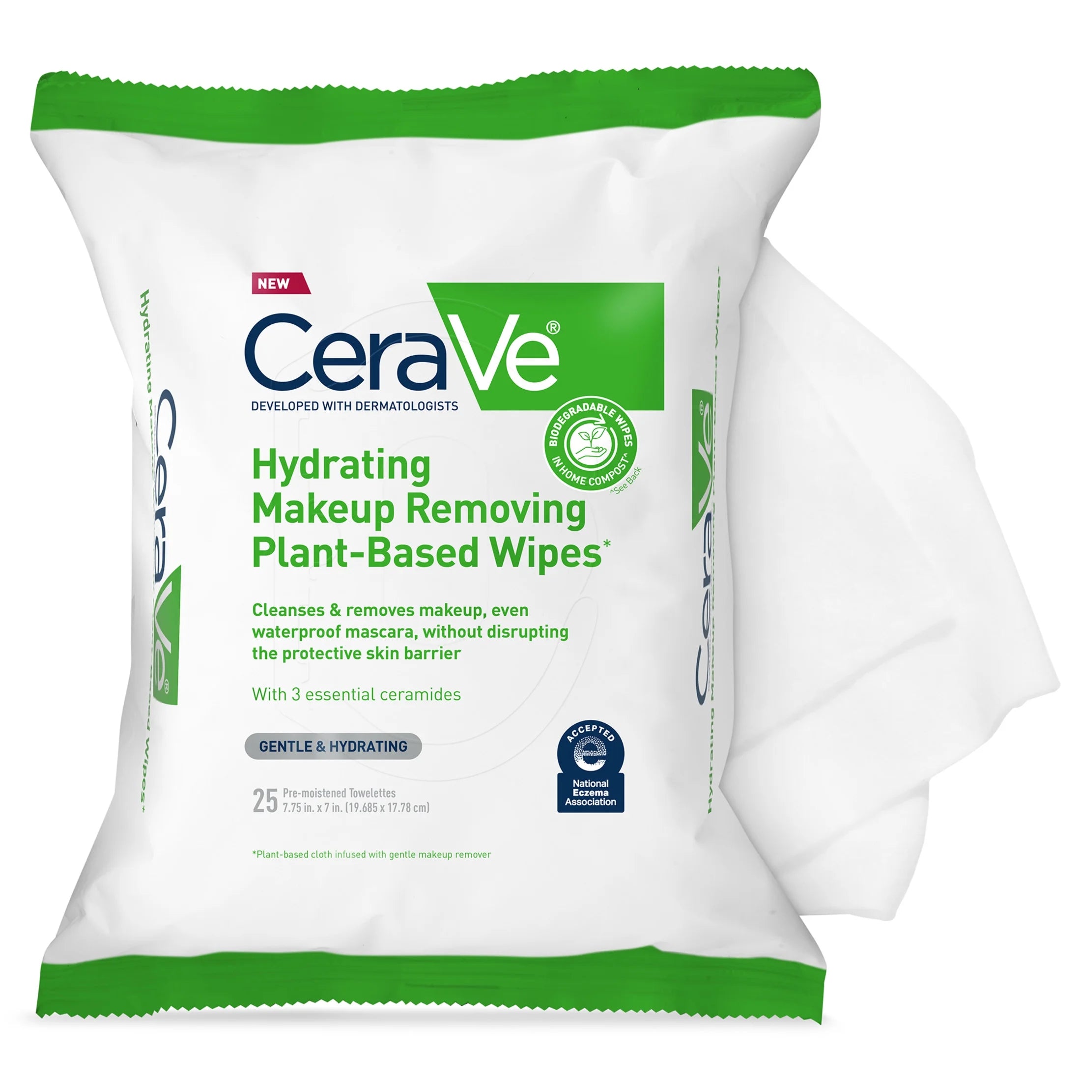 (3 Pack)  Hydrating Makeup Removing Plant-Based Wipes, 25 Count