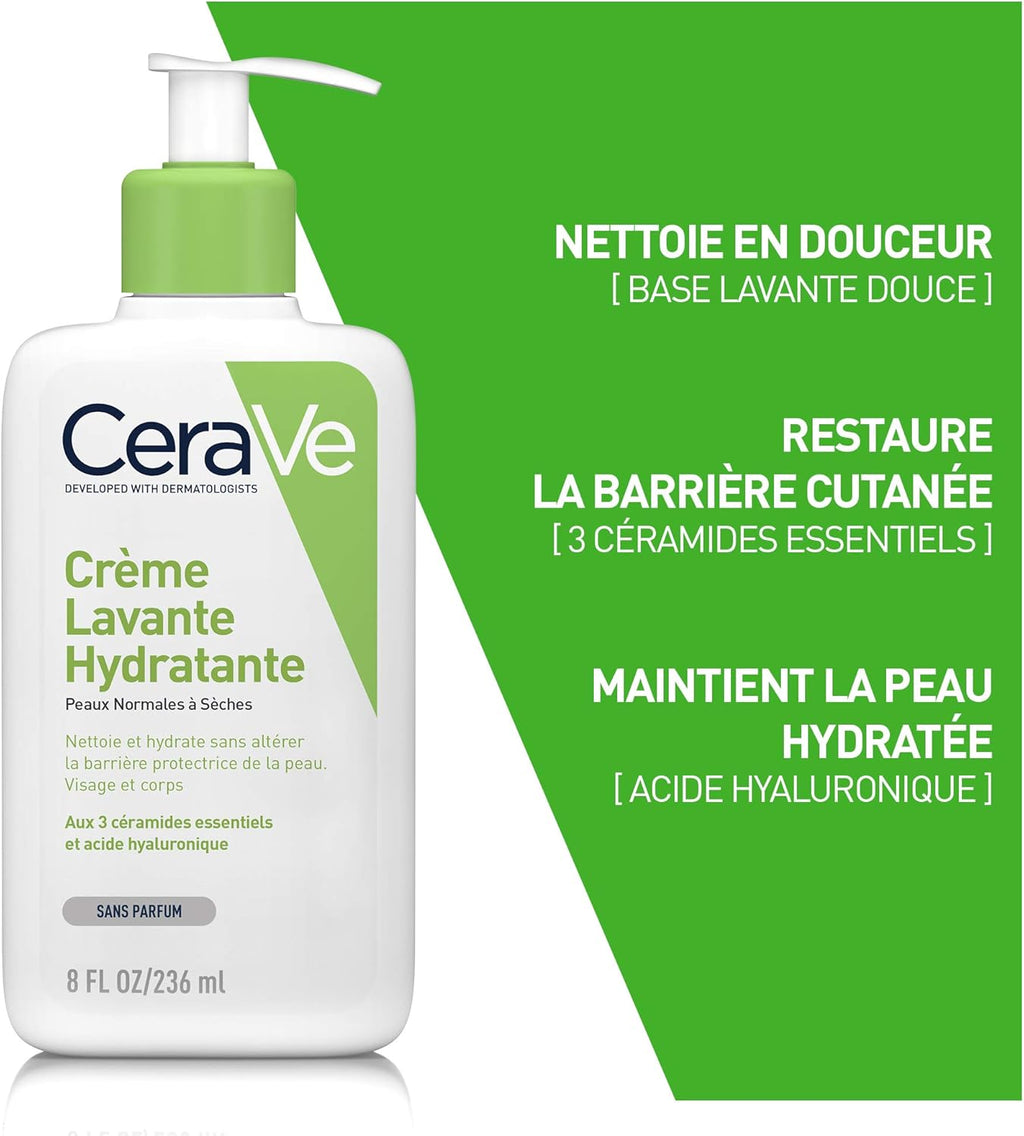 Cerave - Crème Lavante Hydratante 236Ml + Lait Hydratant 20Ml | Crème Lavante Hydratante 24H Nettoyant Visage & Corps À L'Acide Hyaluronique Sans Savon Pour Peaux Normales À Très Sèches